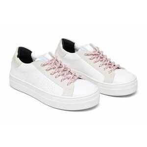 P448‎ Thea White Leather Sneakers Pink Glitter Laces EUC 39/Womens 8.5-9 Anthro